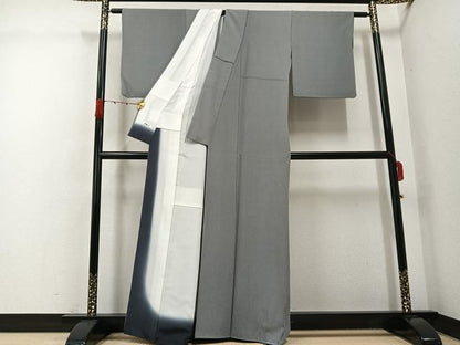 平和屋着物●伝統工芸師　服部光擴　江戸小紋　万筋　百入茶色×灰黄緑色　正絹　逸品　AABG9080ph