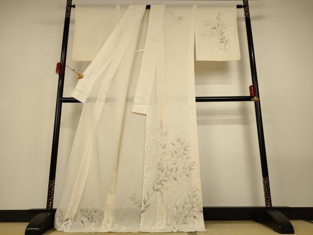 平和屋着物＊夏物 訪問着 絽 手描き 草花文 ロング丈 正絹 逸品 AABG9083jd