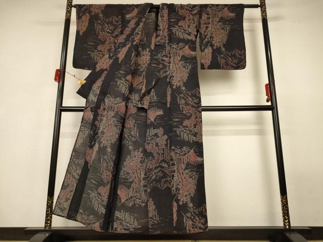 平和屋着物＊夏物 小千谷ちぢみ 風景文 麻 逸品 AABG9085jd