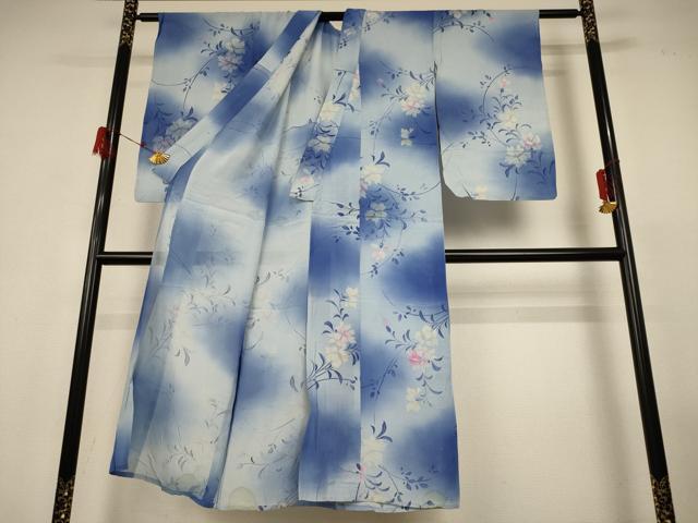 平和屋着物＊夏物 セミアンティーク 小紋 絽 草花文 暈し染め 銀彩 正絹 逸品 AABG9094jd