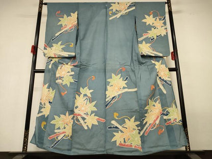 平和屋着物＊夏物 アンティーク 大正ロマン 小紋 絽 楓文 銀彩 正絹 逸品 AABG9098jd