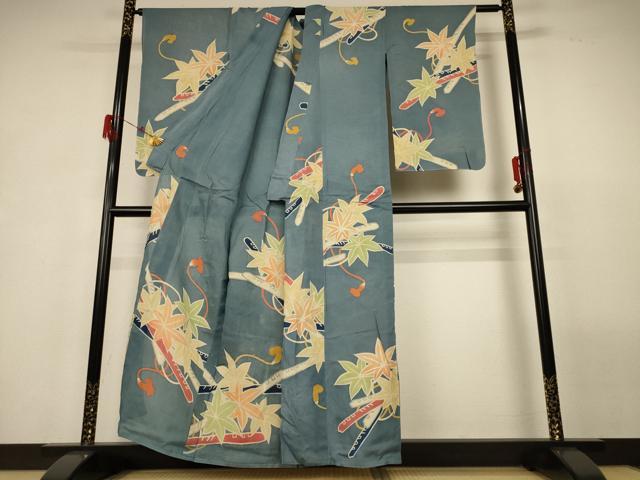 平和屋着物＊夏物 アンティーク 大正ロマン 小紋 絽 楓文 銀彩 正絹 逸品 AABG9098jd