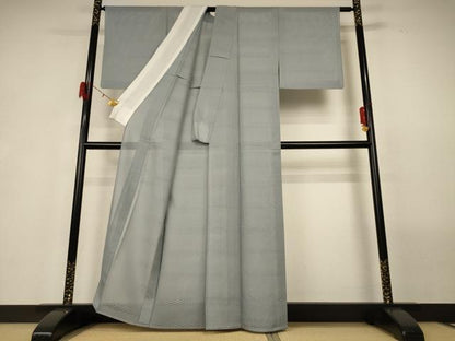 平和屋着物＊夏物 色無地 横段紋紗 千草鼠色 正絹 逸品 AABG9131jd