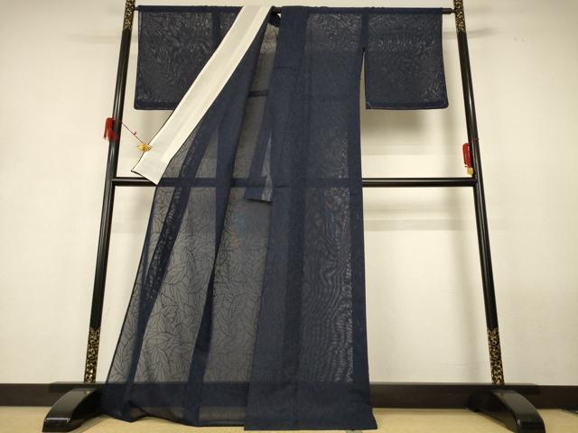 平和屋着物＊夏物 色無地 葉尽くし紋紗 藍鉄色 ロング丈 正絹 逸品 未使用 AABG9154jd