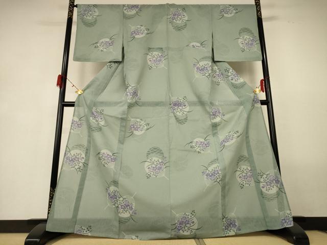 平和屋着物＊夏物 小紋 紗 団扇草花文 洗える着物 未使用 AABG9155jd