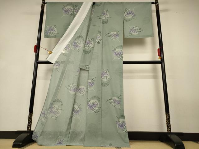 平和屋着物＊夏物 小紋 紗 団扇草花文 洗える着物 未使用 AABG9155jd