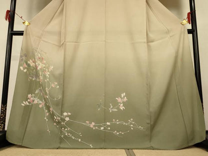 平和屋着物＊夏物 十日町 加賀草木友禅の第一人者 田村哲彦 訪問着 縦絽 草花文 暈し染め 正絹 逸品 AABG9212fy