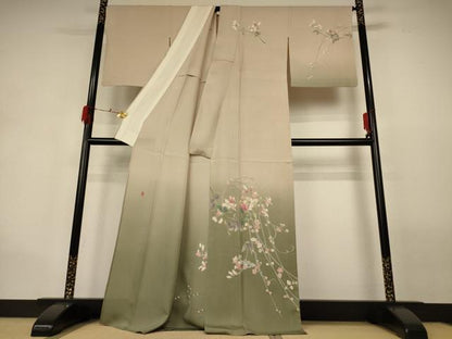 平和屋着物＊夏物 十日町 加賀草木友禅の第一人者 田村哲彦 訪問着 縦絽 草花文 暈し染め 正絹 逸品 AABG9212fy