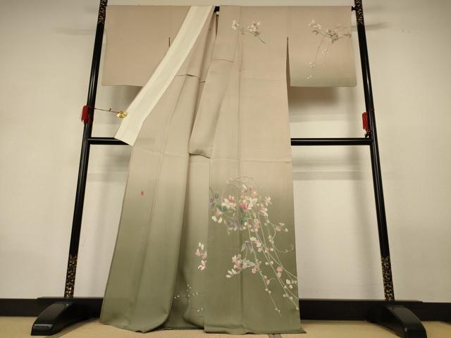平和屋着物＊夏物 十日町 加賀草木友禅の第一人者 田村哲彦 訪問着 縦絽 草花文 暈し染め 正絹 逸品 AABG9212fy