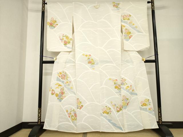 平和屋着物▽訪問着　単衣　花籬文　金彩　鬼しぼ縮緬　正絹　逸品　AABG9245ck