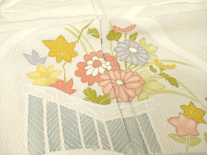 平和屋着物▽訪問着　単衣　花籬文　金彩　鬼しぼ縮緬　正絹　逸品　AABG9245ck