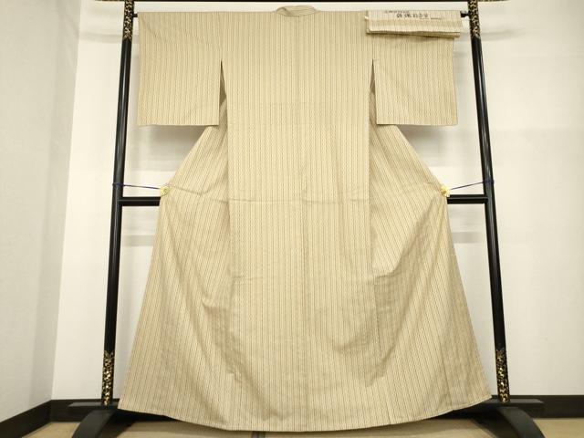 平和屋着物▽綾織路奈留 十六代助左衛門 紬 単衣 縞 反端付き 正絹 逸品 AABG9254ck