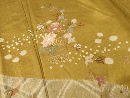 平和屋着物▽訪問着 単衣 絞り 刺繍 花篭文 金彩 正絹 逸品 AABG9258ck