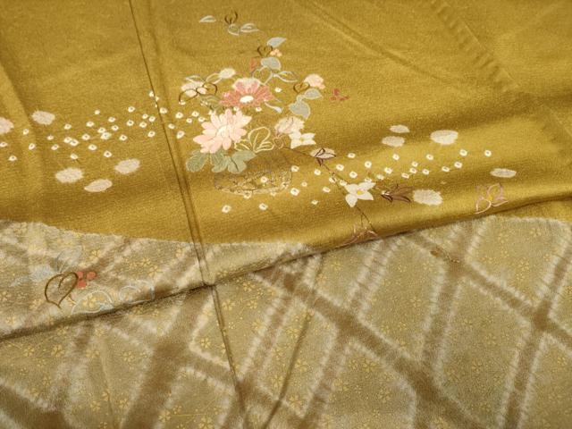 平和屋着物▽訪問着 単衣 絞り 刺繍 花篭文 金彩 正絹 逸品 AABG9258ck