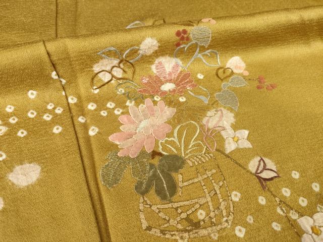 平和屋着物▽訪問着 単衣 絞り 刺繍 花篭文 金彩 正絹 逸品 AABG9258ck