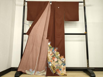 平和屋着物▽色留袖 単衣 草花文 金彩 洗える着物 AABG9262ck