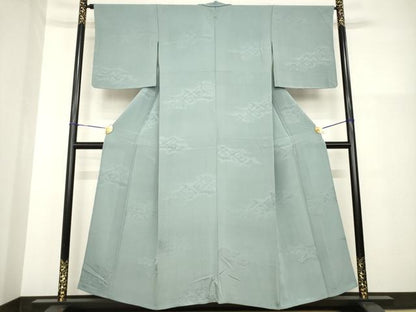 平和屋着物▽上質な色無地 単衣 雲取り花菱地紋 山鳩色 正絹 逸品 未使用 AABG9268ck