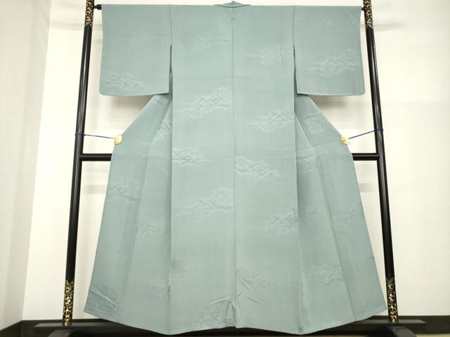 平和屋着物▽上質な色無地 単衣 雲取り花菱地紋 山鳩色 正絹 逸品 未使用 AABG9268ck