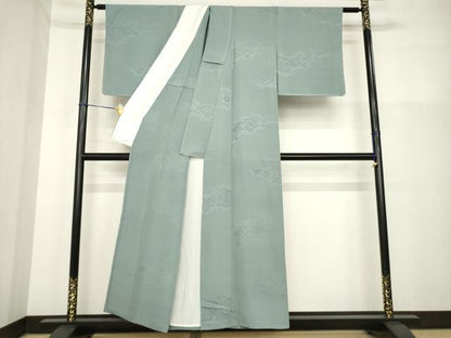 平和屋着物▽上質な色無地 単衣 雲取り花菱地紋 山鳩色 正絹 逸品 未使用 AABG9268ck