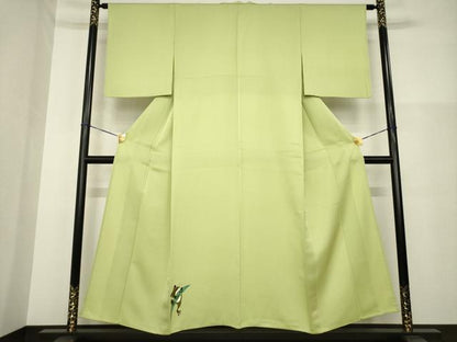 平和屋着物▽付下げ 単衣 ワンポイント カエル 蛙 抹茶色 正絹 逸品 AABG9272ck