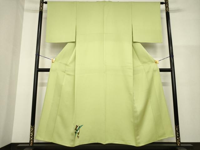 平和屋着物▽付下げ 単衣 ワンポイント カエル 蛙 抹茶色 正絹 逸品 AABG9272ck