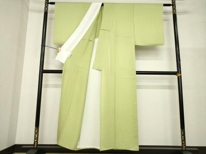 平和屋着物▽付下げ 単衣 ワンポイント カエル 蛙 抹茶色 正絹 逸品 AABG9272ck