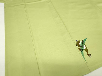 平和屋着物▽付下げ 単衣 ワンポイント カエル 蛙 抹茶色 正絹 逸品 AABG9272ck