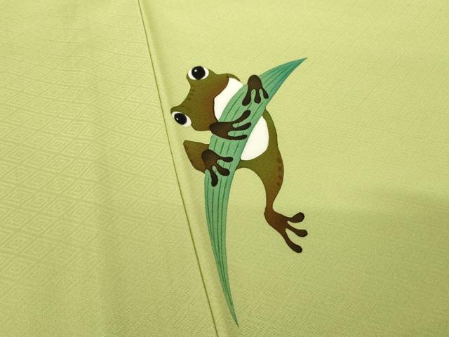 平和屋着物▽付下げ 単衣 ワンポイント カエル 蛙 抹茶色 正絹 逸品 AABG9272ck