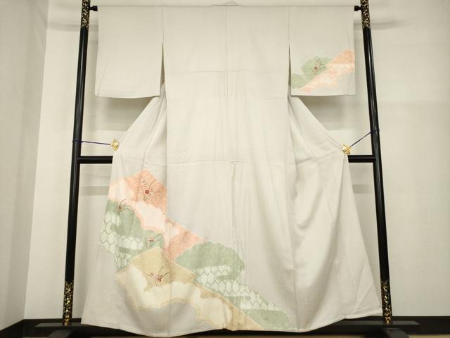 平和屋着物▽訪問着 単衣 絞り 刺繍 松皮菱花文 金彩 正絹 逸品 AABG9283ck
