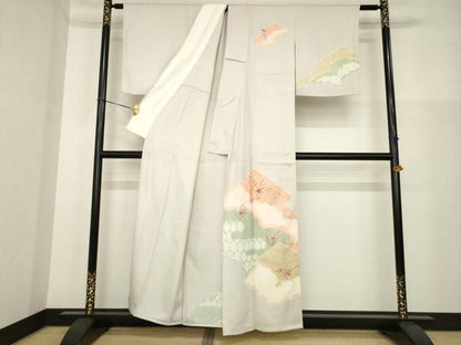 平和屋着物▽訪問着 単衣 絞り 刺繍 松皮菱花文 金彩 正絹 逸品 AABG9283ck