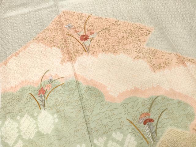 平和屋着物▽訪問着 単衣 絞り 刺繍 松皮菱花文 金彩 正絹 逸品 AABG9283ck