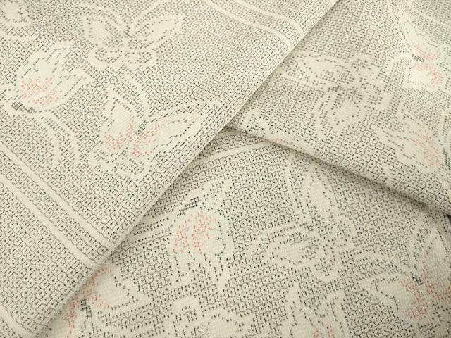 平和屋着物▽本塩沢　単衣　110亀甲　舞蝶文　正絹　逸品　AABG9286ck