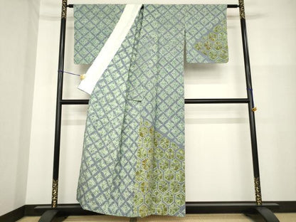 平和屋着物▽訪問着 単衣 紬地 絞り 菱文 正絹 逸品 AABG9287ck