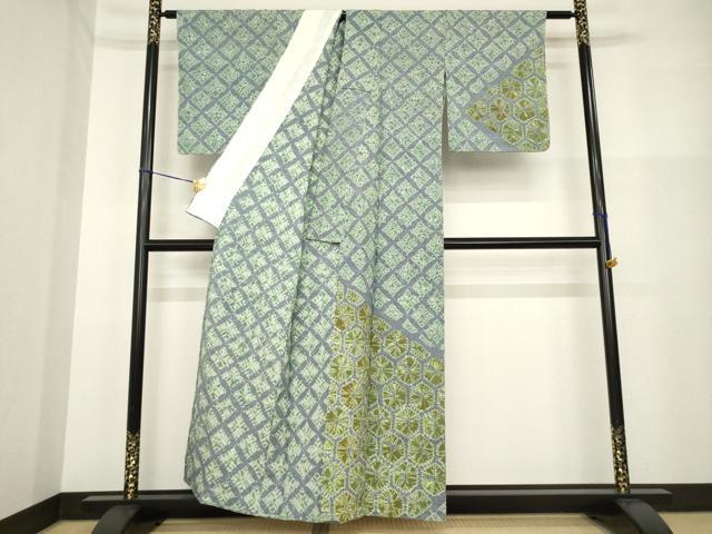 平和屋着物▽訪問着 単衣 紬地 絞り 菱文 正絹 逸品 AABG9287ck