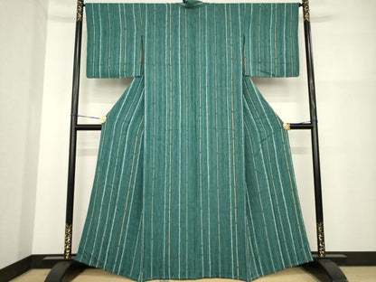 平和屋着物▽上質な小紋 単衣 絞り 縞 正絹 逸品 AABG9292ck