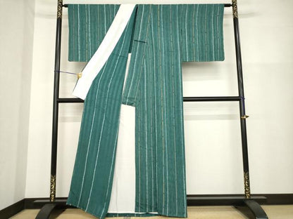 平和屋着物▽上質な小紋 単衣 絞り 縞 正絹 逸品 AABG9292ck