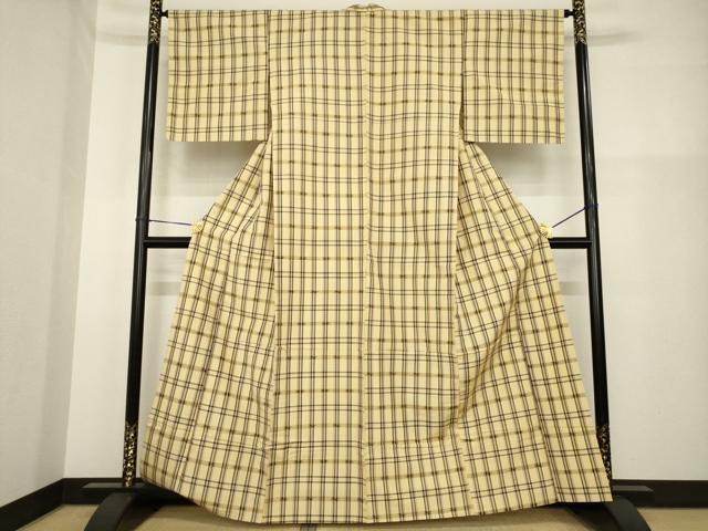 平和屋着物▽上質な紬 単衣 格子 正絹 逸品 AABG9293ck
