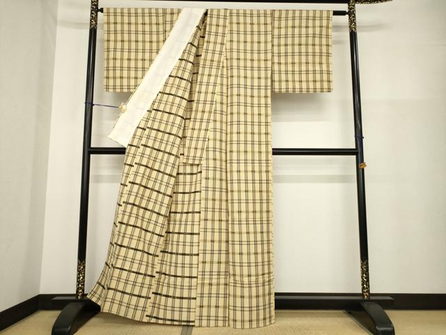 平和屋着物▽上質な紬 単衣 格子 正絹 逸品 AABG9293ck