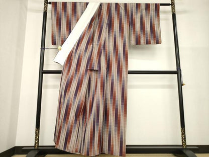 平和屋着物▽上質な紬 単衣 縞 正絹 逸品 AABG9294ck