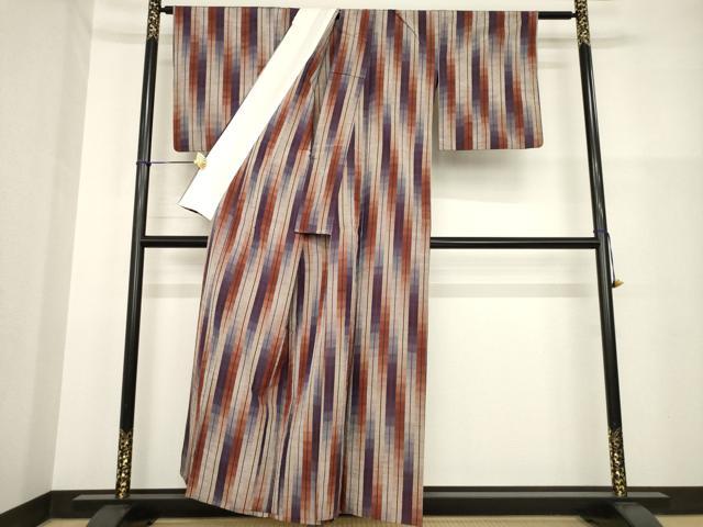 平和屋着物▽上質な紬 単衣 縞 正絹 逸品 AABG9294ck