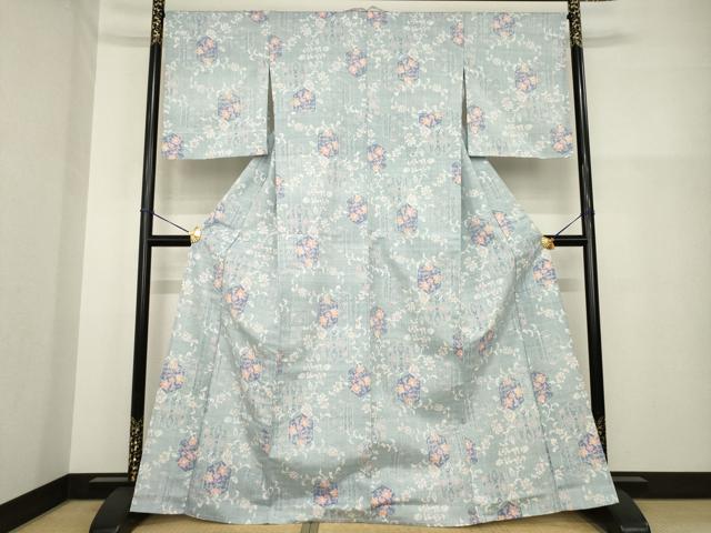 平和屋着物▽小千谷紬 単衣 亀甲花文 正絹 逸品 AABG9295ck
