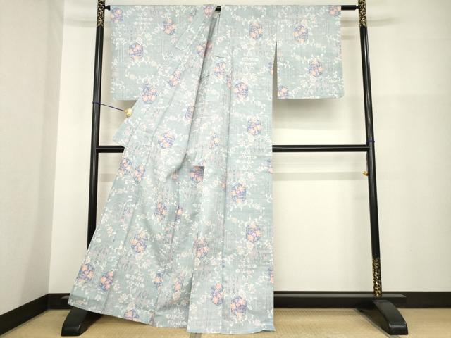 平和屋着物▽小千谷紬 単衣 亀甲花文 正絹 逸品 AABG9295ck