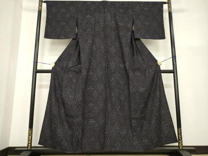 平和屋着物▽結城ちぢみ 単衣 花菱文 正絹 逸品 AABG9297ck
