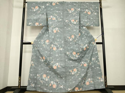平和屋着物▽上質な紬 単衣 枝花文 正絹 逸品 AABG9298ck