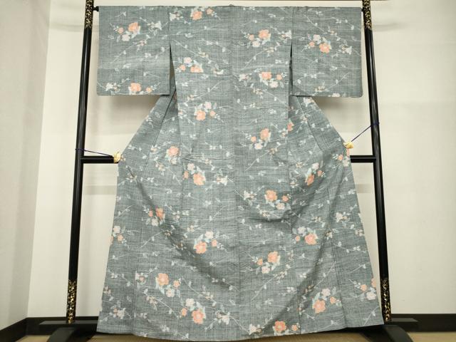 平和屋着物▽上質な紬 単衣 枝花文 正絹 逸品 AABG9298ck