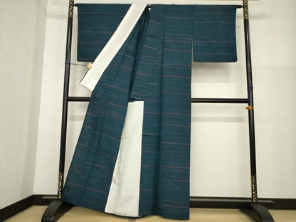 平和屋着物▽上質な紬 単衣 横段文 正絹 逸品 AABG9300ck