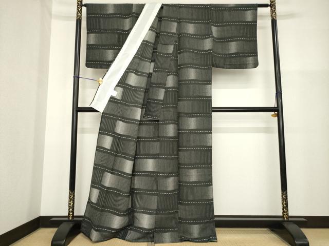 平和屋着物▽小紋 単衣 横段文 黒地 洗える着物 AABG9302ck