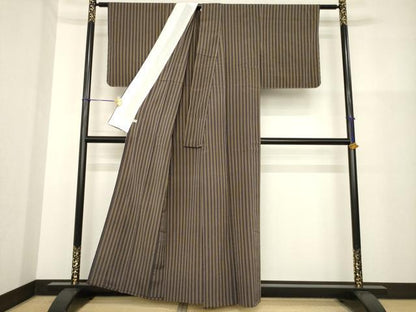 平和屋着物▽お召 単衣 縞 正絹 逸品 AABG9303ck