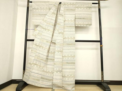 平和屋着物▽上質な紬 単衣 横段文 正絹 逸品 AABG9308ck