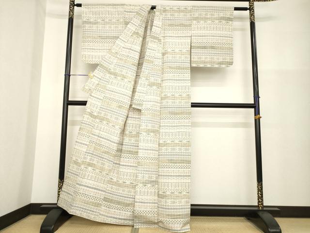 平和屋着物▽上質な紬 単衣 横段文 正絹 逸品 AABG9308ck